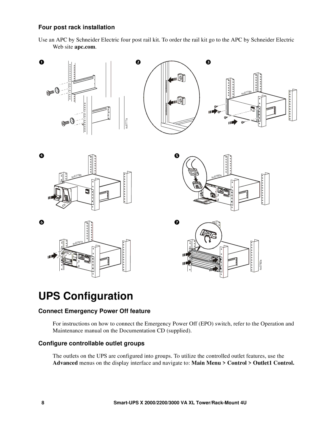 APC 2200 XL, SMX2000LV, SMX3000LV UPS Configuration, Four post rack installation, Connect Emergency Power Off feature 