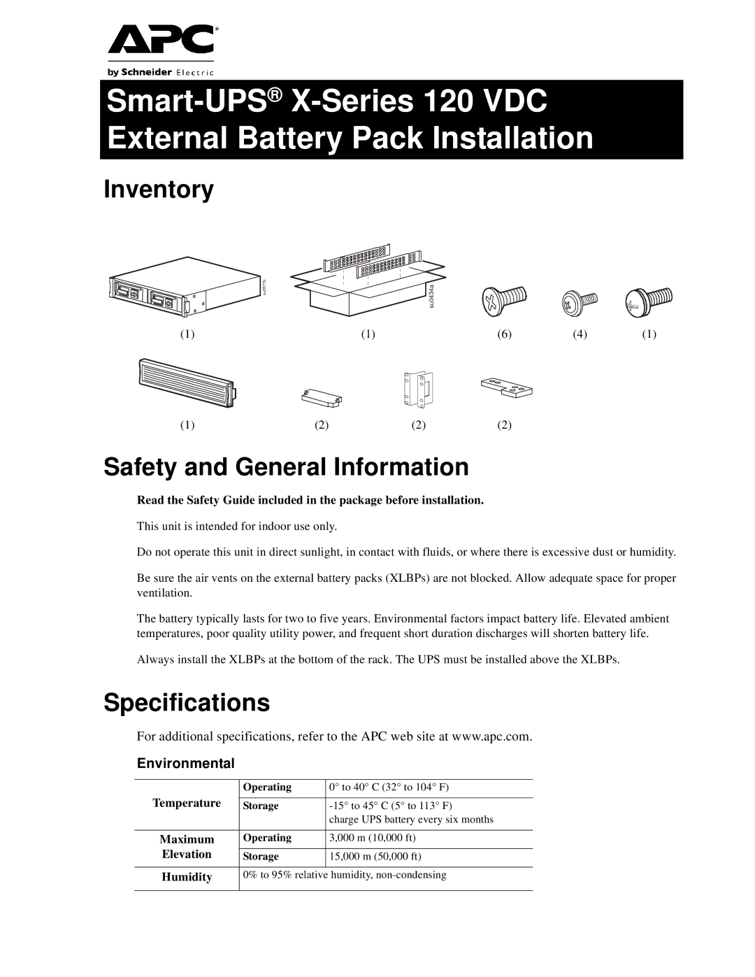 APC SMX2000RMLV2UNC specifications Inventory, Safety and General Information, Specifications, Environmental 