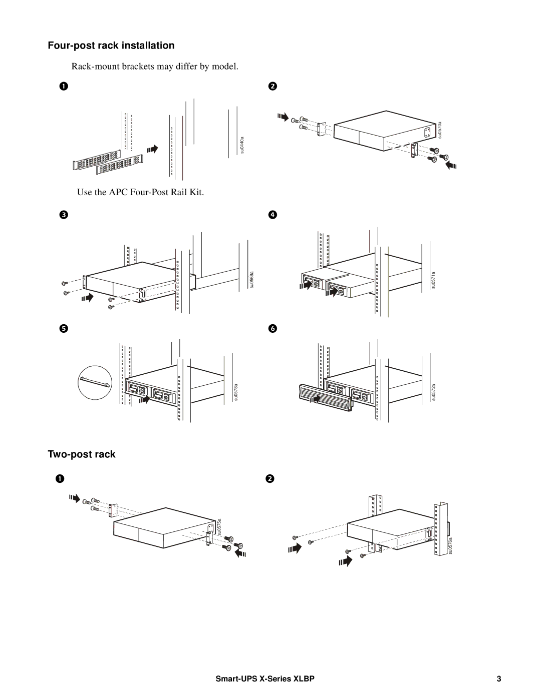 APC SMX2000RMLV2UNC, SMX2001RMLV2UNC specifications Four-post rack installation, Two-post rack 