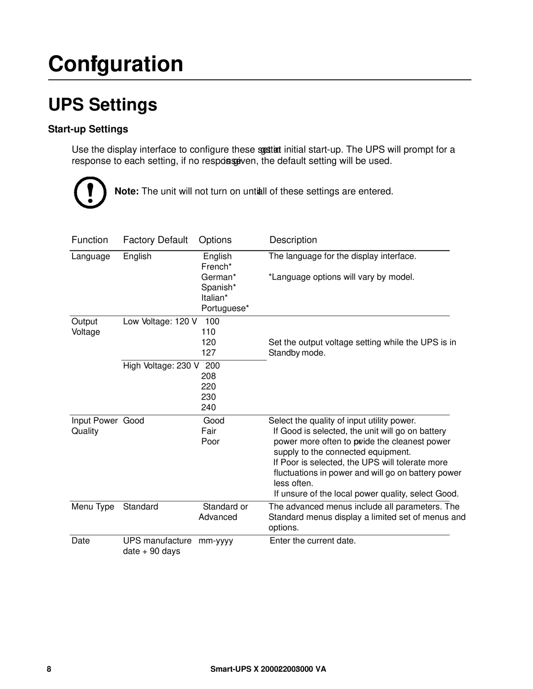 APC SMX3000RMJ2U, 200-240 V Configuration, UPS Settings, Start-up Settings, Function Factory Default Options Description 