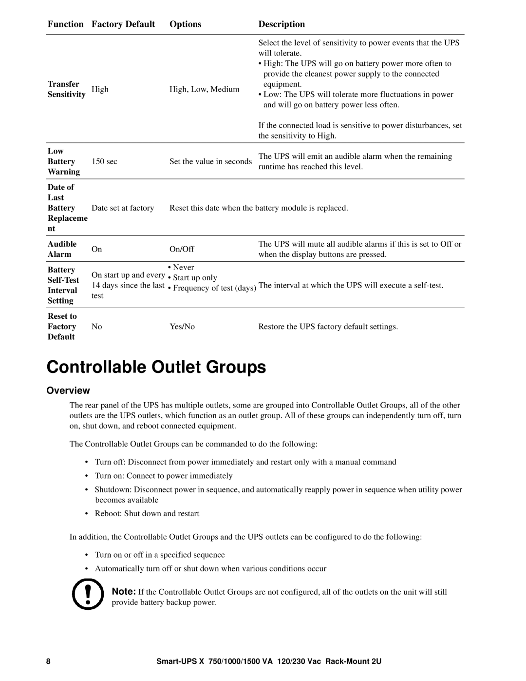 APC SMX 1500 VA, SMX48RMBP2U, SMX750 VA, SMX1000 VA operation manual Controllable Outlet Groups 