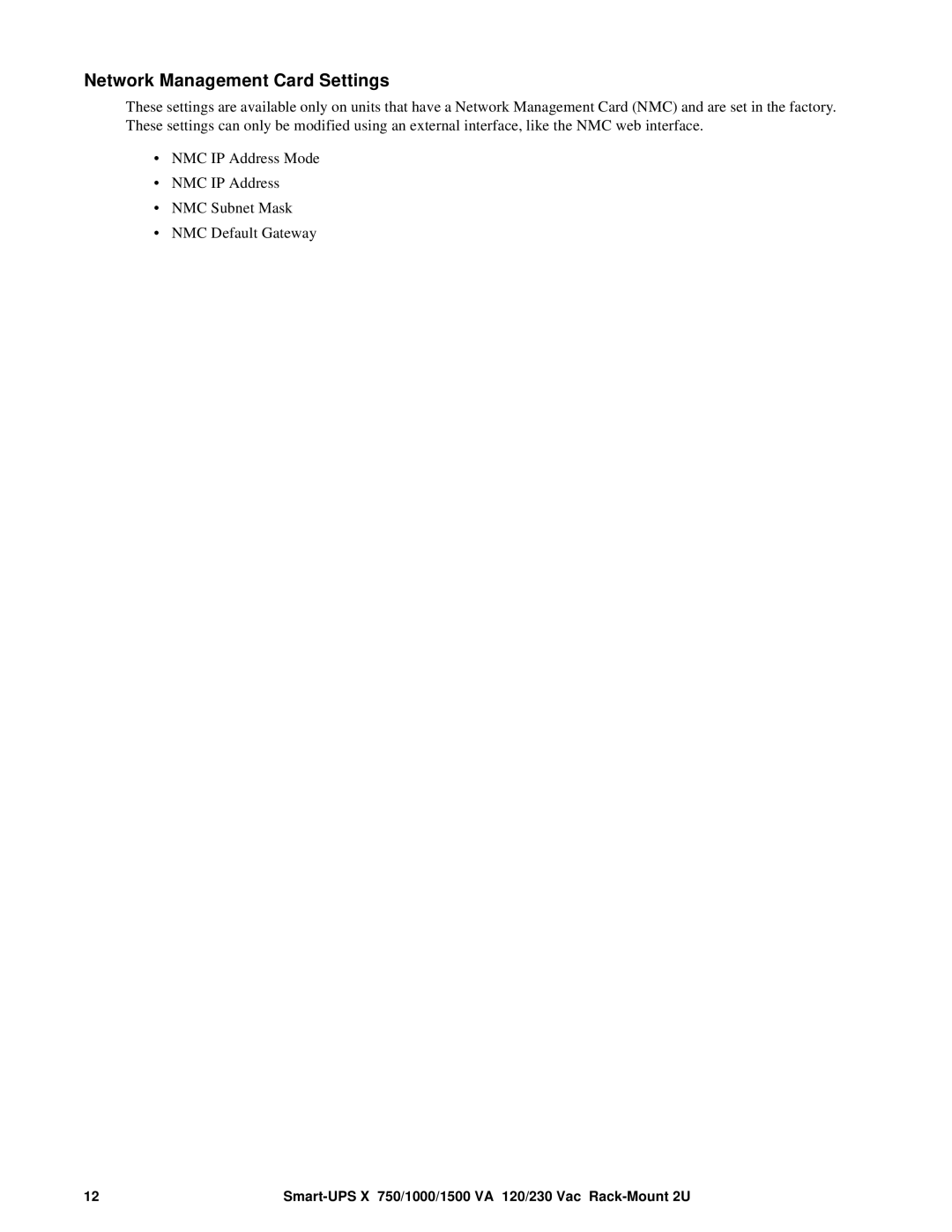 APC SMX 1500 VA, SMX48RMBP2U, SMX750 VA, SMX1000 VA operation manual Network Management Card Settings 