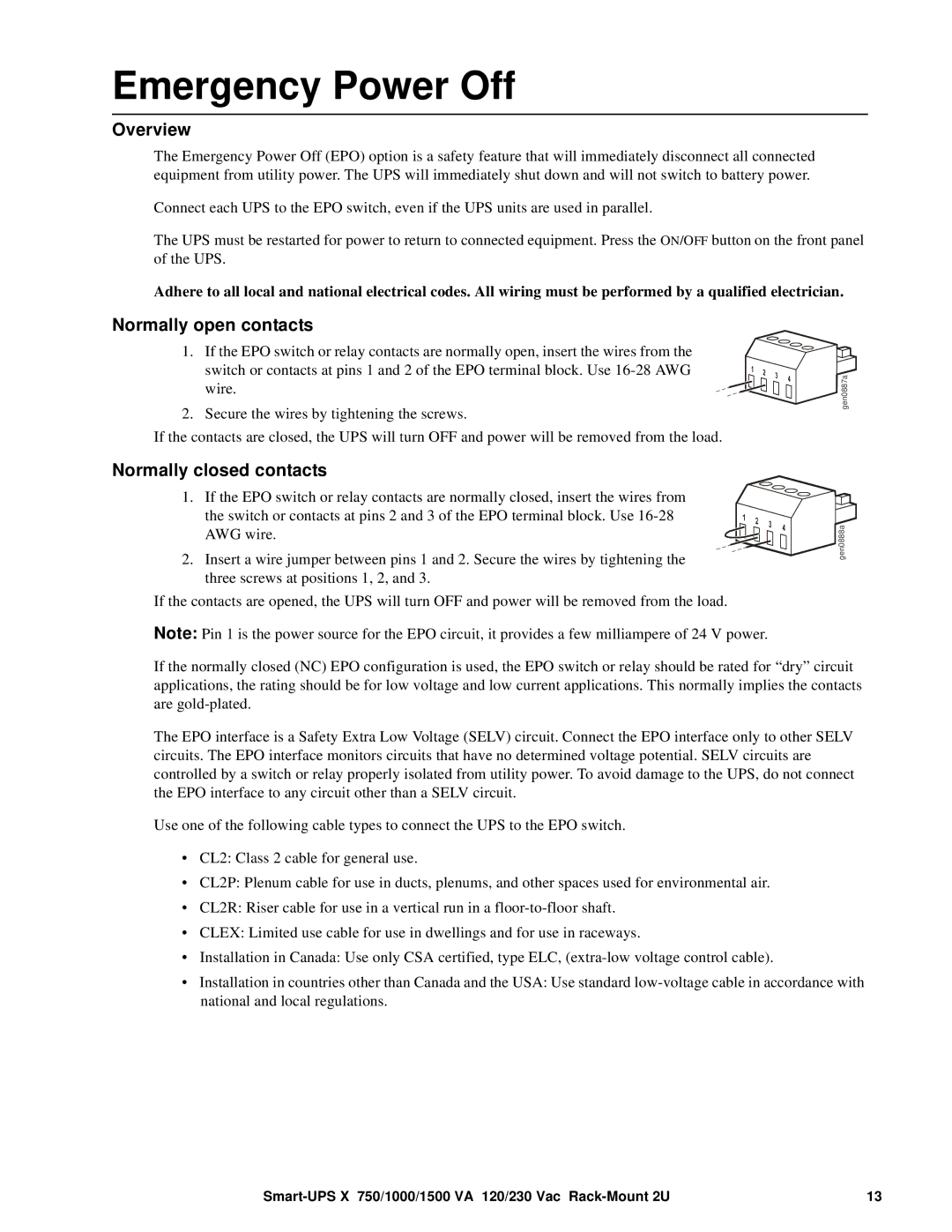 APC SMX1000 VA, SMX48RMBP2U, SMX750 VA, SMX 1500 VA Emergency Power Off, Normally open contacts, Normally closed contacts 