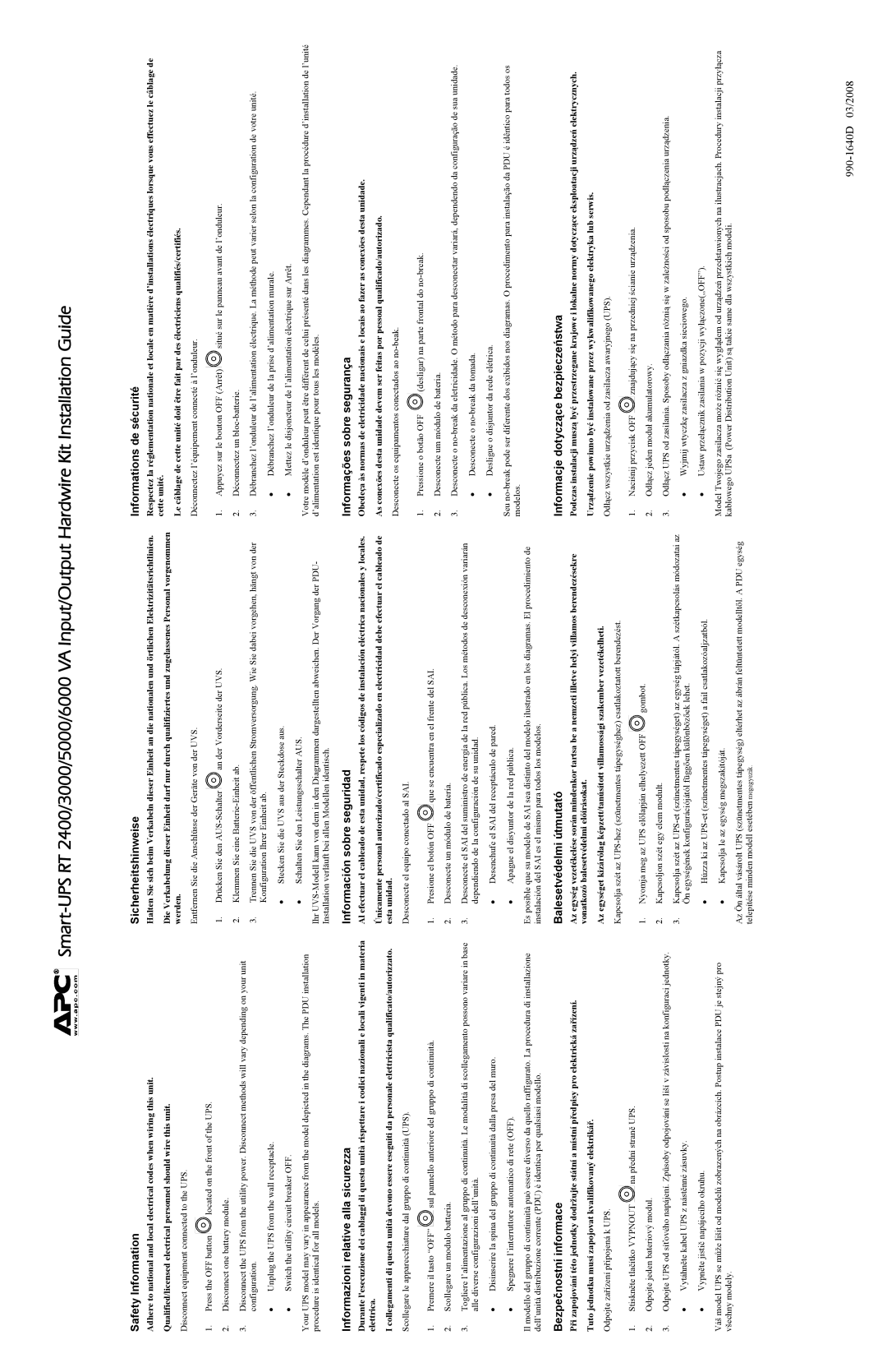 APC SURT007 manual Safety Information, Sicherheitshinweise, Informations de sécurité, Informazioni relative alla sicurezza 