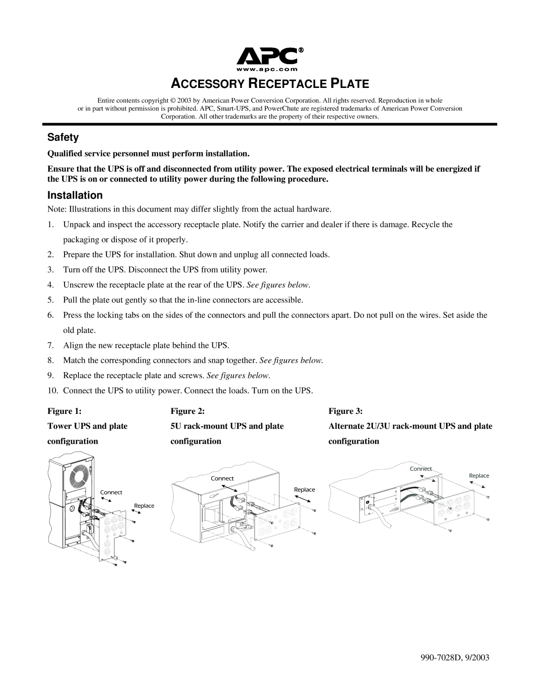 APC SU027RM2U manual Accessory Receptacle Plate, Safety, Installation 