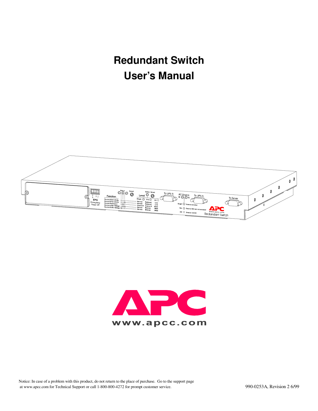 APC SU041 1400 VA, SU043 1400 VA, SU42-2 3000 VA, SU042-1 3000 VA user manual Redundant Switch User’s Manual 