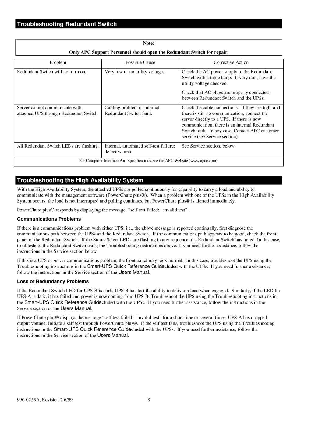 APC SU42-2 3000 VA Troubleshooting Redundant Switch, Troubleshooting the High Availability System, Communications Problems 