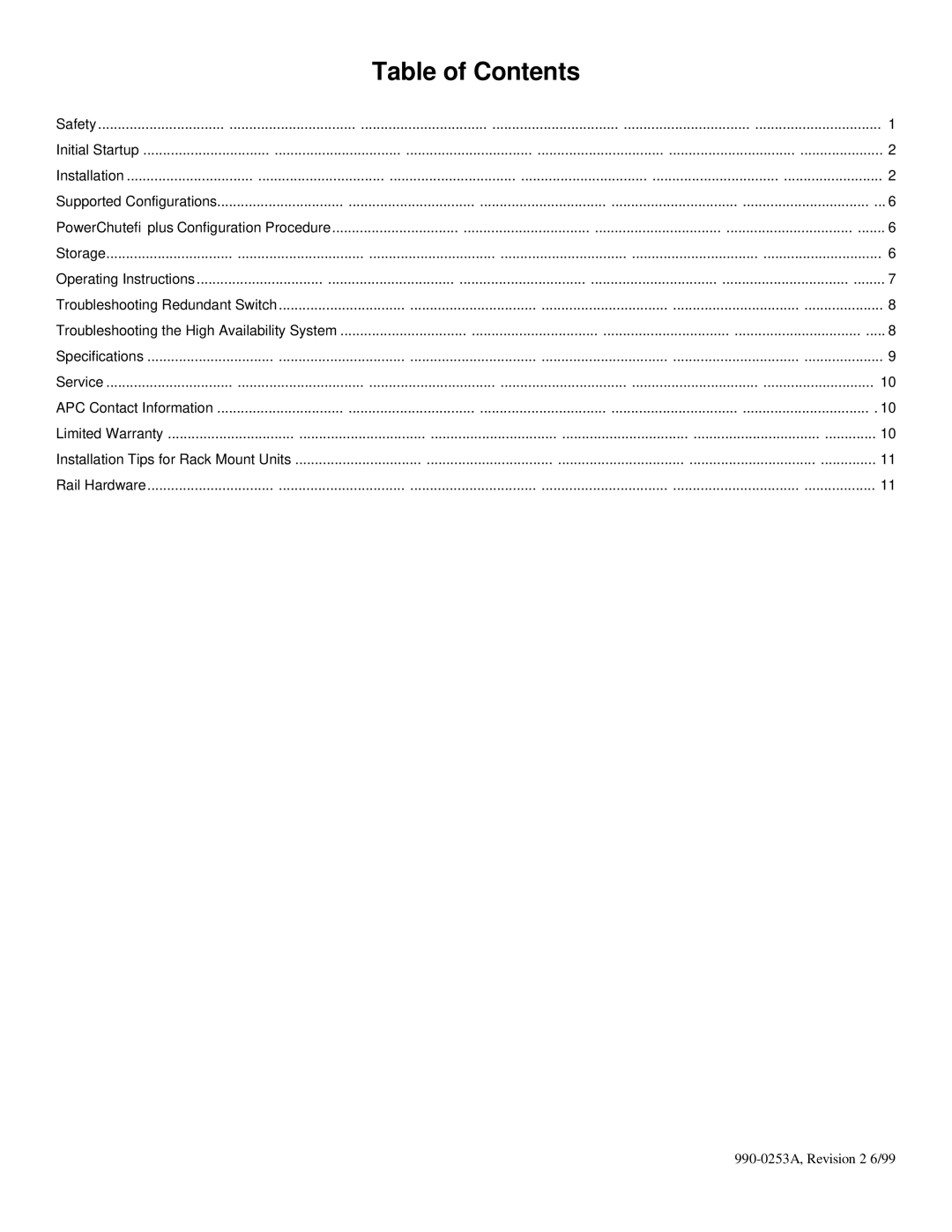 APC SU041 1400 VA, SU043 1400 VA, SU42-2 3000 VA, SU042-1 3000 VA user manual Table of Contents 