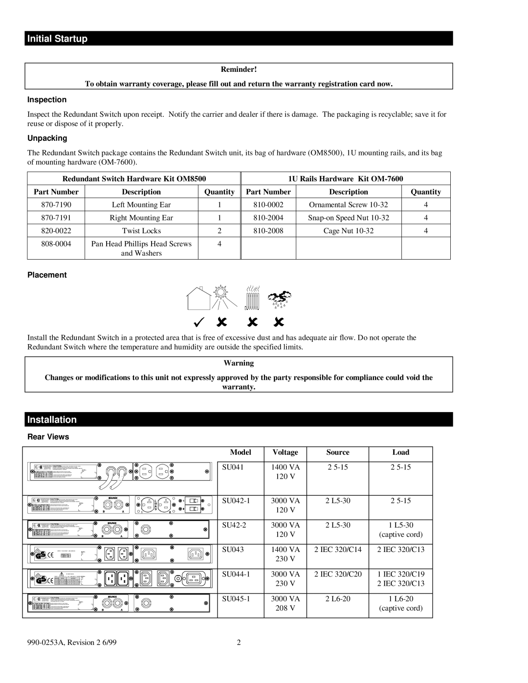 APC SU043 1400 VA, SU041 1400 VA, SU42-2 3000 VA, SU042-1 3000 VA user manual Initial Startup, Installation 