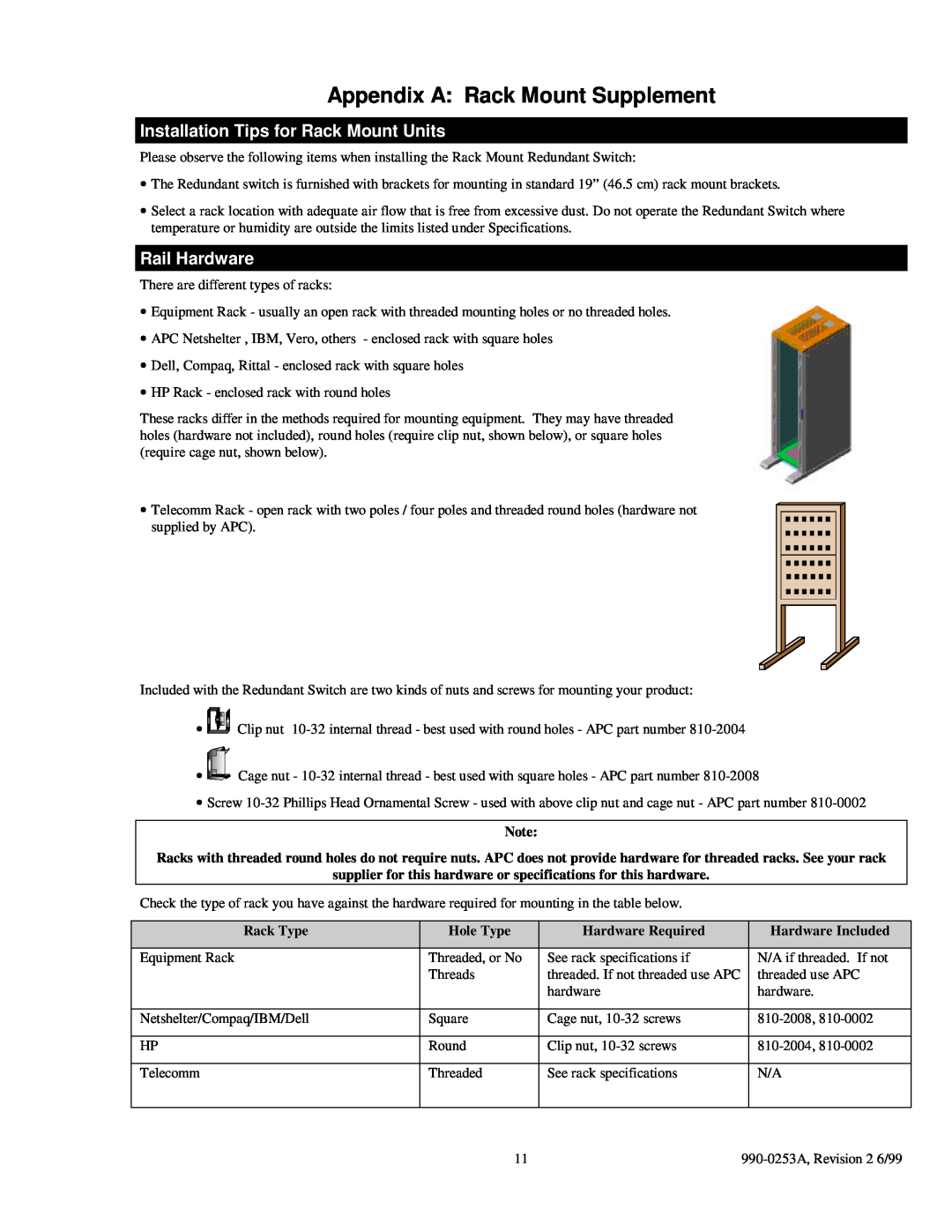 APC SU041 1400 VA, SU043 1400 VA Installation Tips for Rack Mount Units, Rail Hardware, Appendix A Rack Mount Supplement 