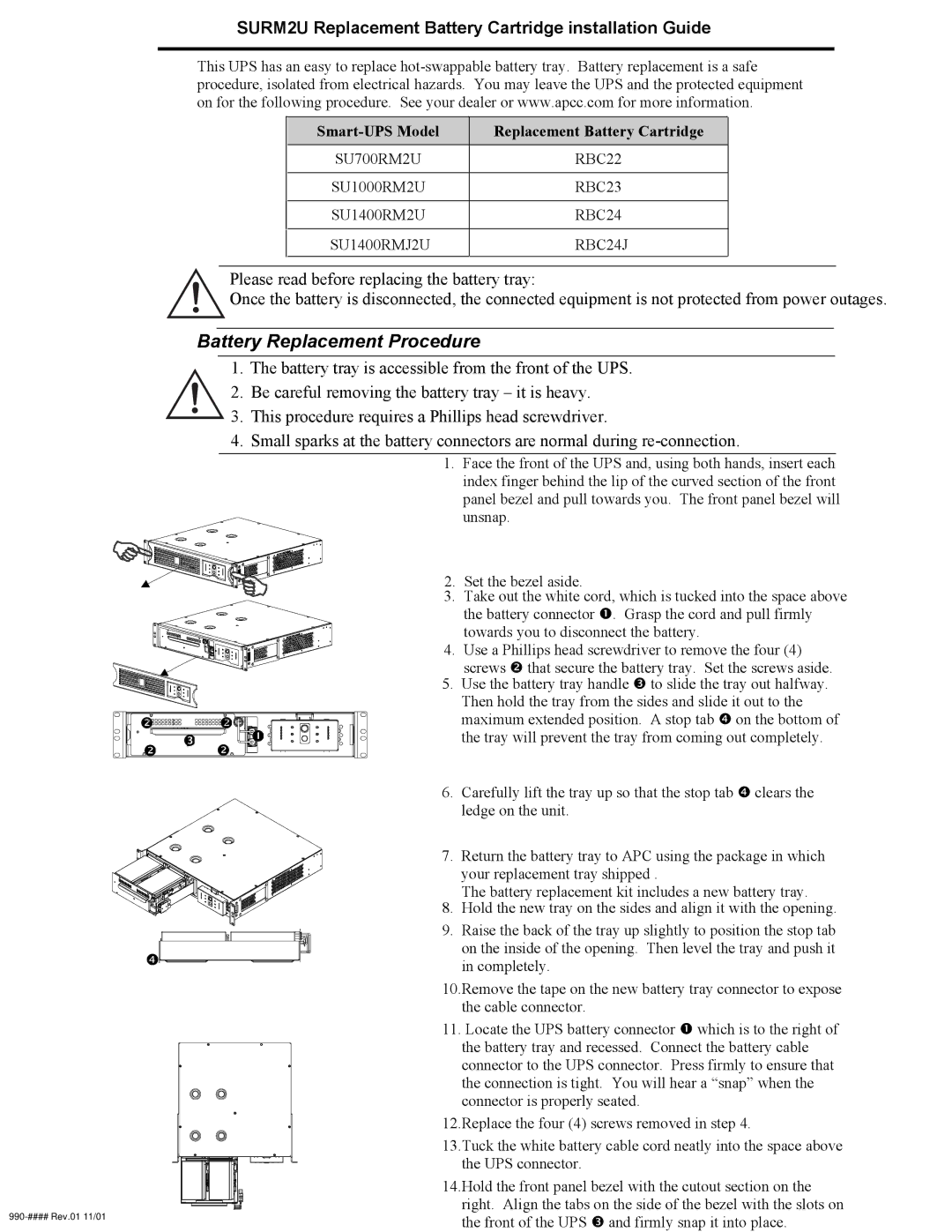 APC SU700RM2U, SU1000RM2U manual Battery Replacement Procedure, SURM2U Replacement Battery Cartridge installation Guide 