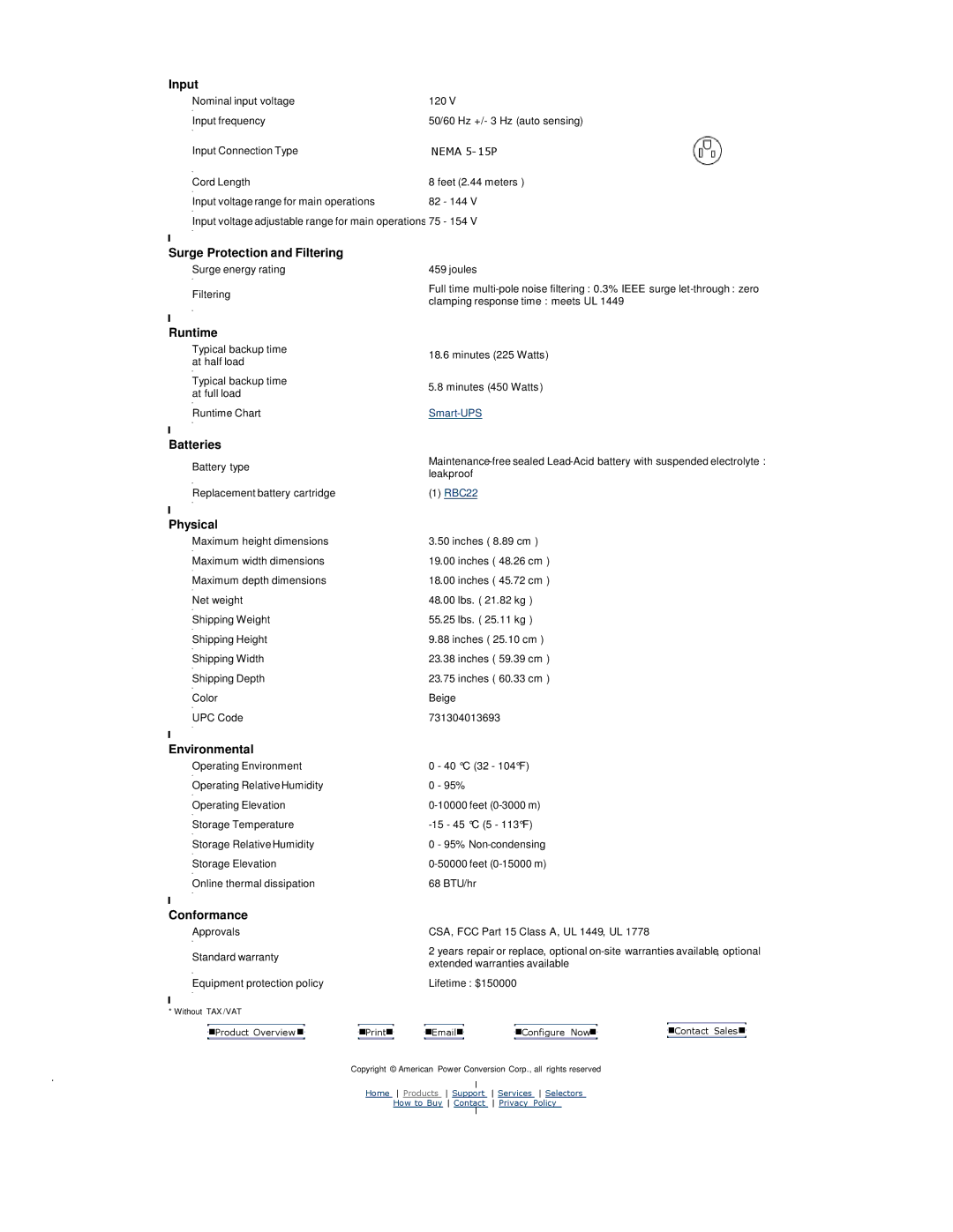 APC SU700RM2U user manual Input, Surge Protection and Filtering, Runtime, Batteries, Physical, Environmental, Conformance 