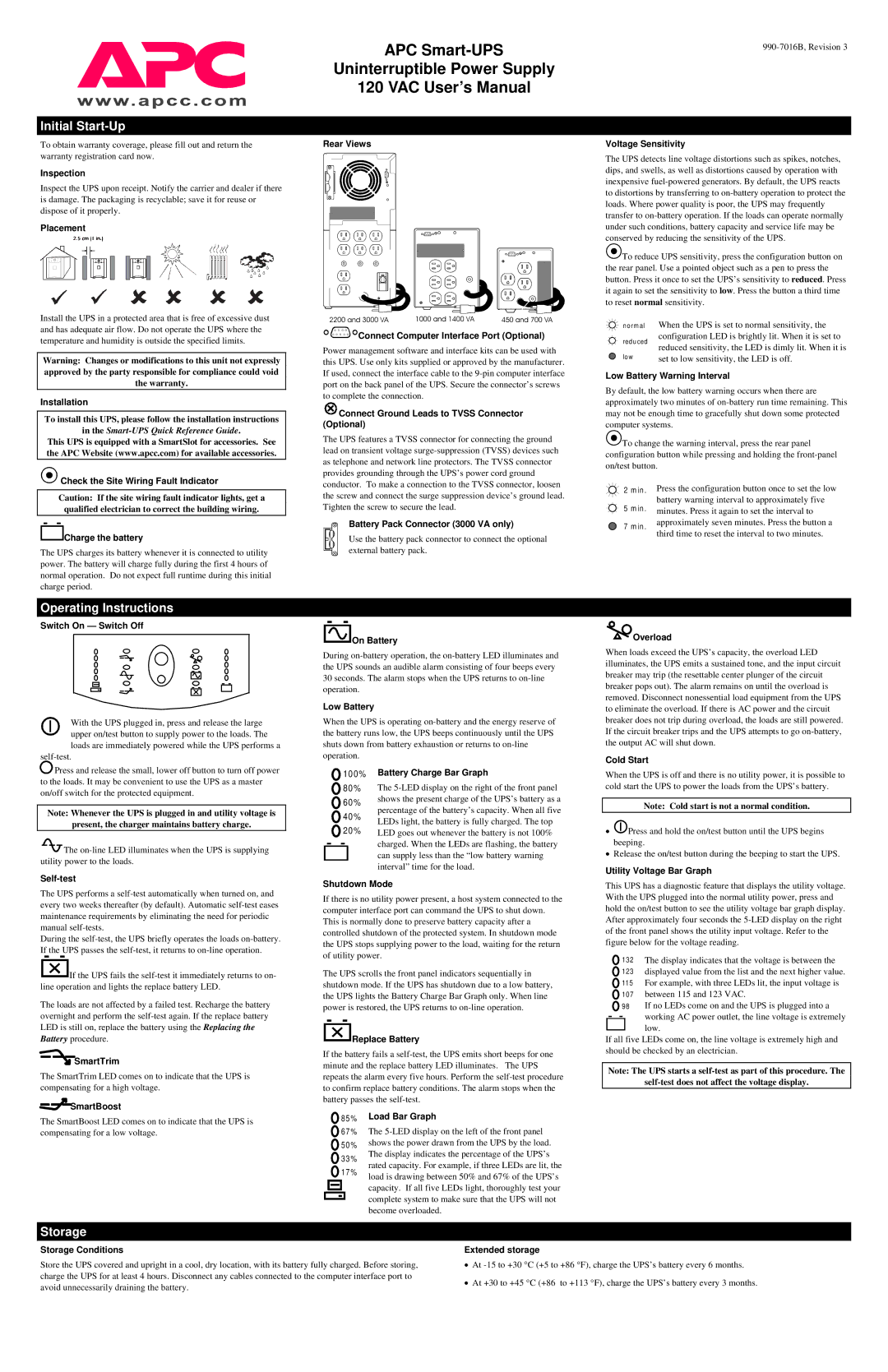 APC SU700X93 user manual Storage 