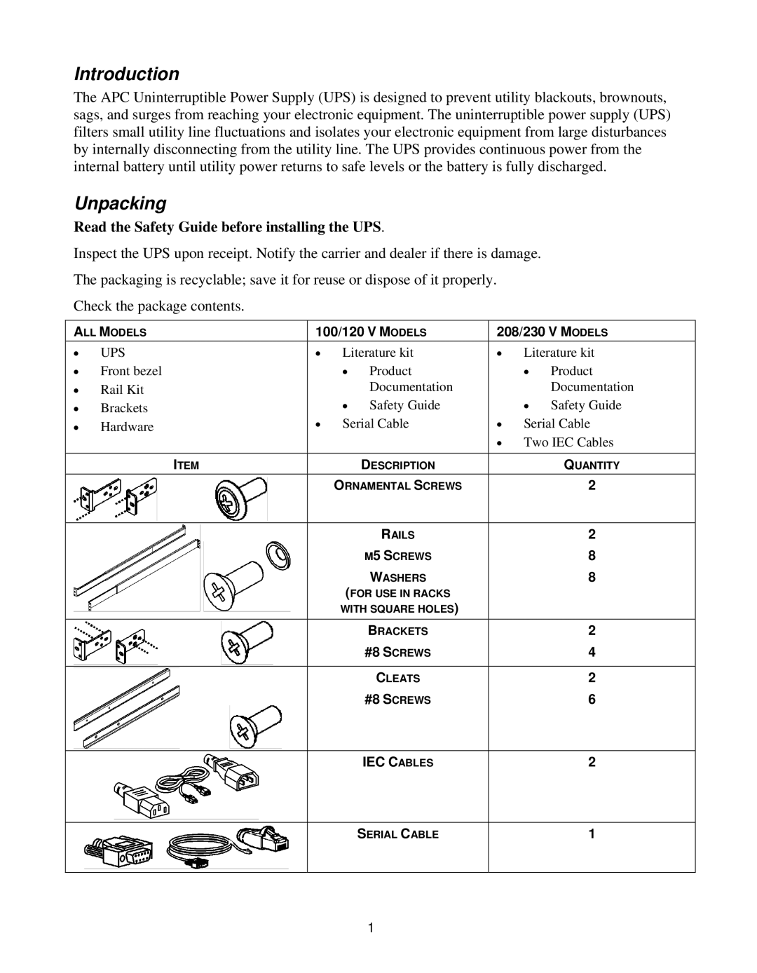 APC 230 V, SUA1000RM1U, SUA1000RM2U, 208 V, 120 V, 100 V manual Introduction, Unpacking 