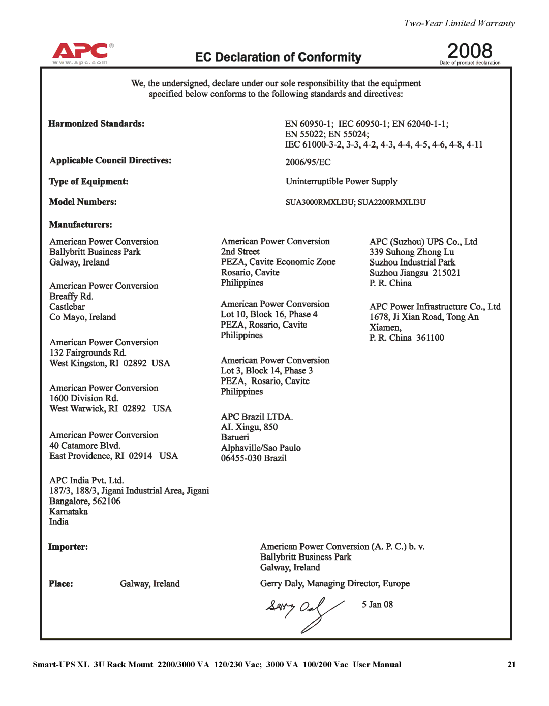 APC SUA2200/3000 VA 120/230 VAC manual Date of product declaration 