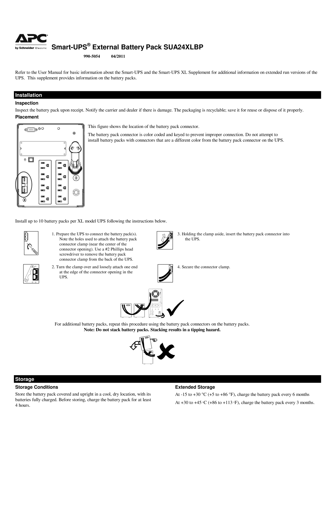 APC 990 5054 04 2011, SUA24XLBP user manual Installation, Storage 