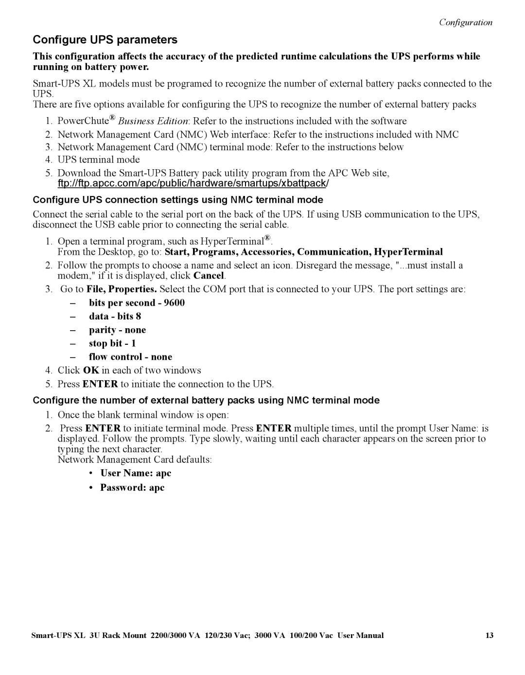 APC SUA2200, SUA3000 manual Configure UPS parameters, User Name apc Password apc 