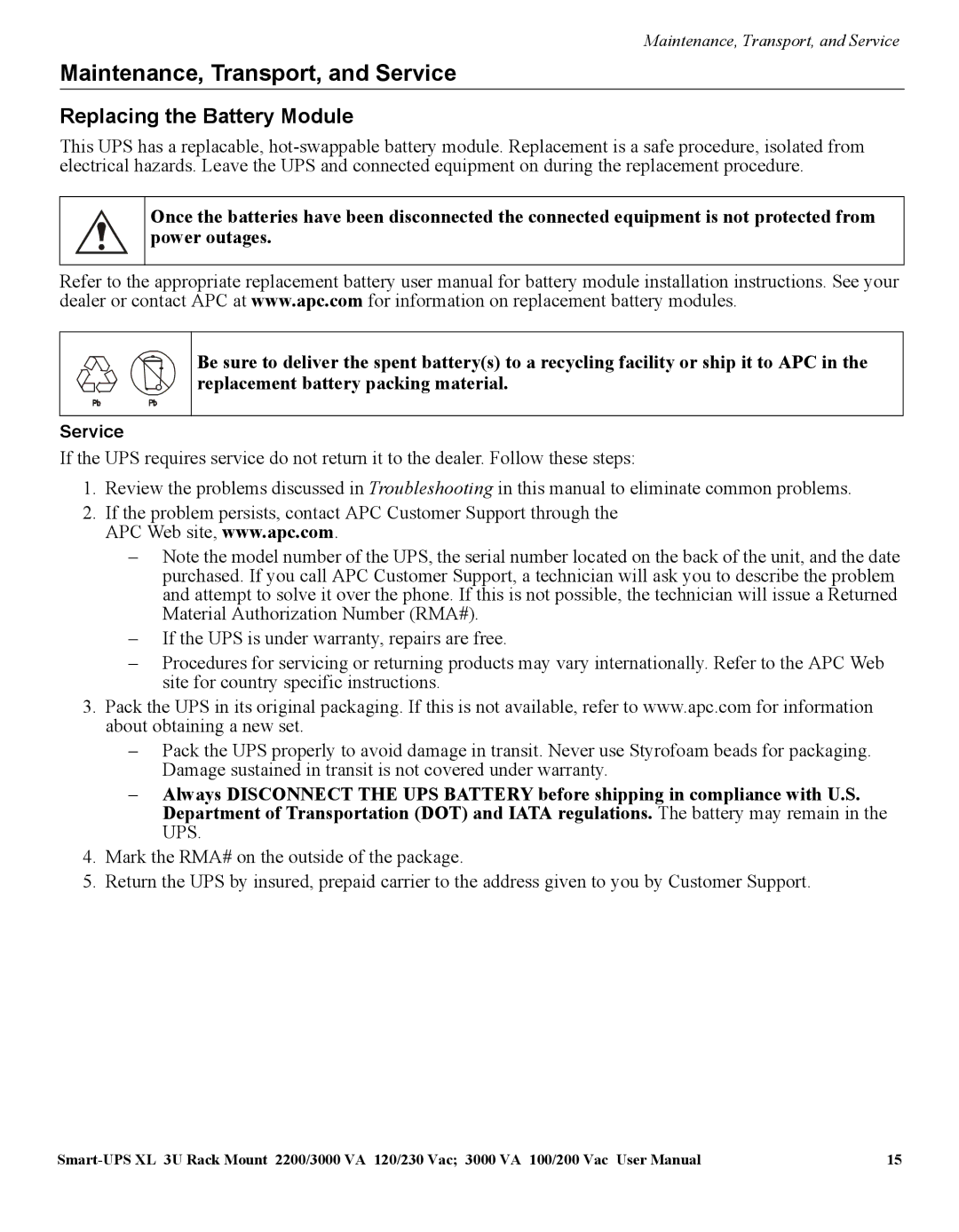 APC SUA2200, SUA3000 manual Maintenance, Transport, and Service, Replacing the Battery Module 