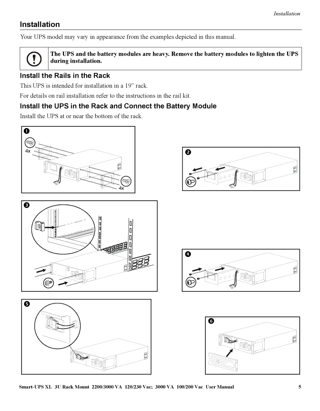 APC SUA2200 manual Installation, Install the Rails in the Rack, Install the UPS in the Rack and Connect the Battery Module 