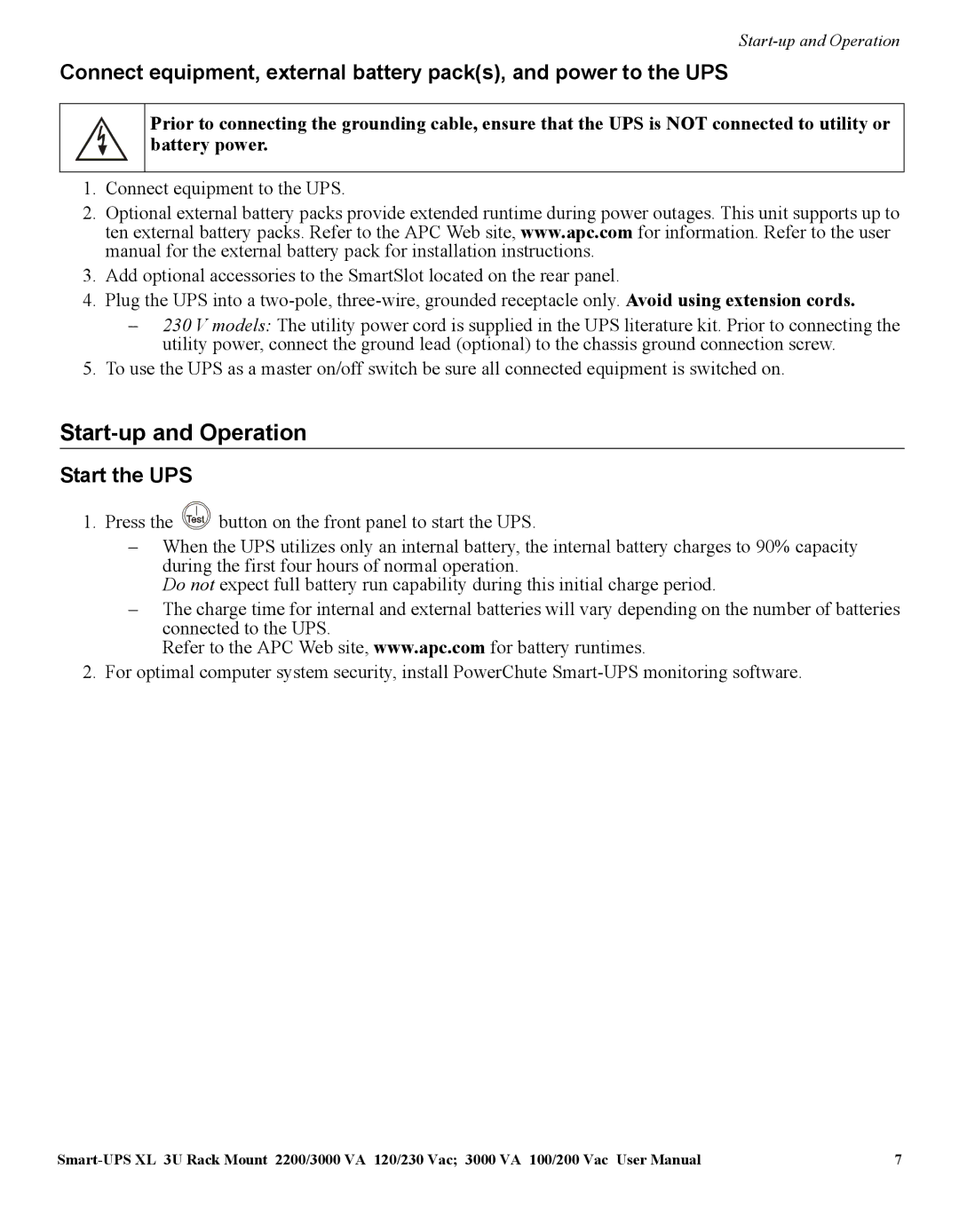 APC SUA2200, SUA3000 manual Start-up and Operation, Start the UPS 