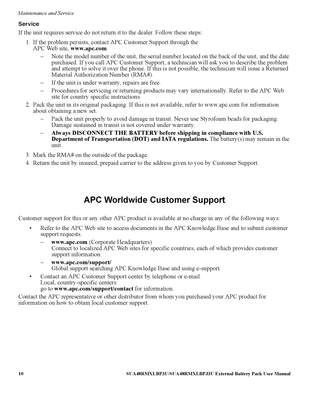 APC SUA48RMXLBP3U manual APC Worldwide Customer Support, Service 