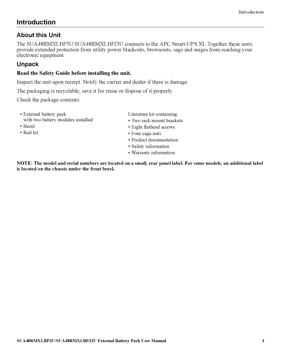 APC SUA48RMXLBP3U manual Introduction, About this Unit, Unpack, Read the Safety Guide before installing the unit 