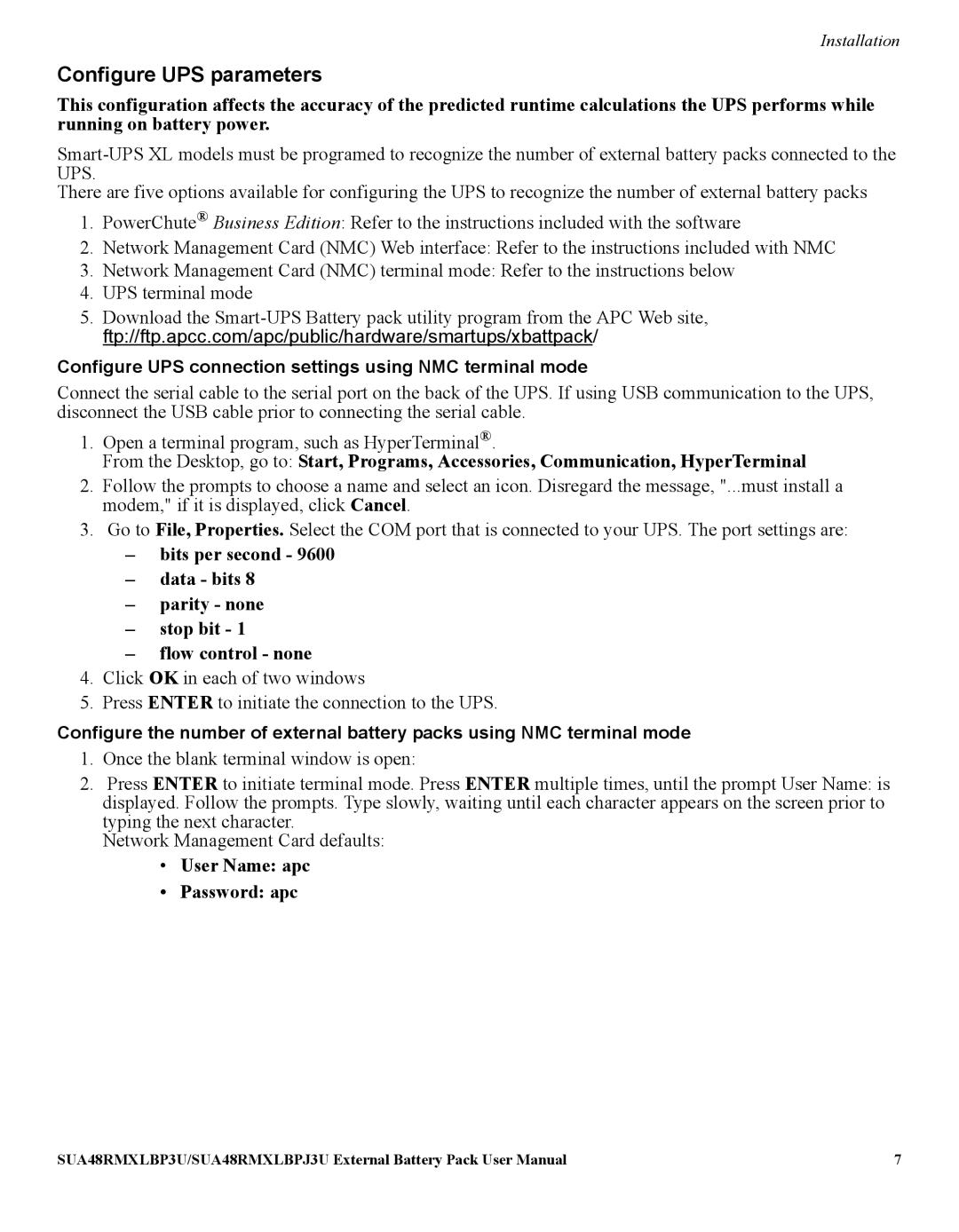 APC SUA48RMXLBP3U manual Configure UPS parameters, Configure UPS connection settings using NMC terminal mode 