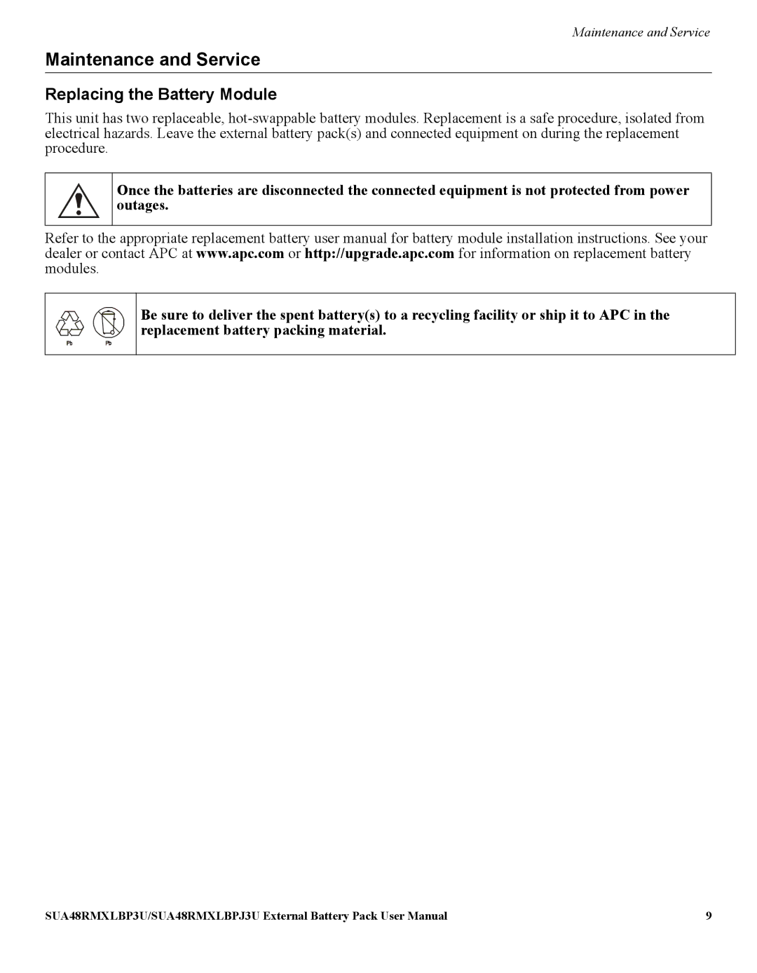 APC SUA48RMXLBP3U manual Maintenance and Service, Replacing the Battery Module 