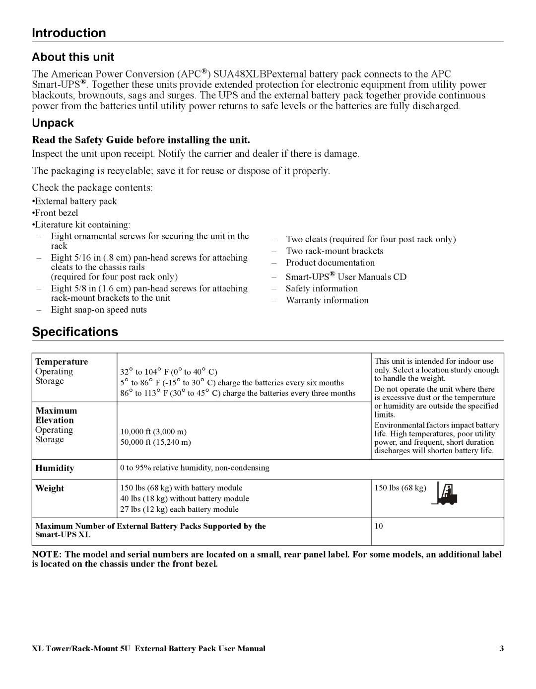 APC SUA48XLBP Introduction, Specifications, About this unit, Unpack, Read the Safety Guide before installing the unit 