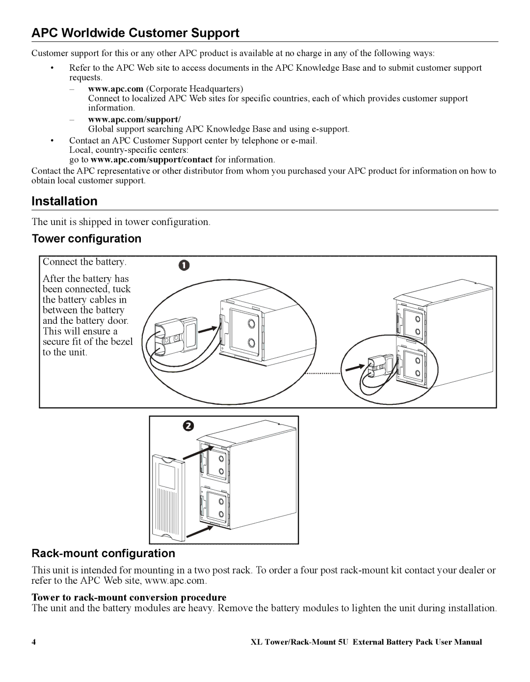 APC SUA48XLBP user manual APC Worldwide Customer Support, Installation, Tower configuration, Rack-mount configuration 