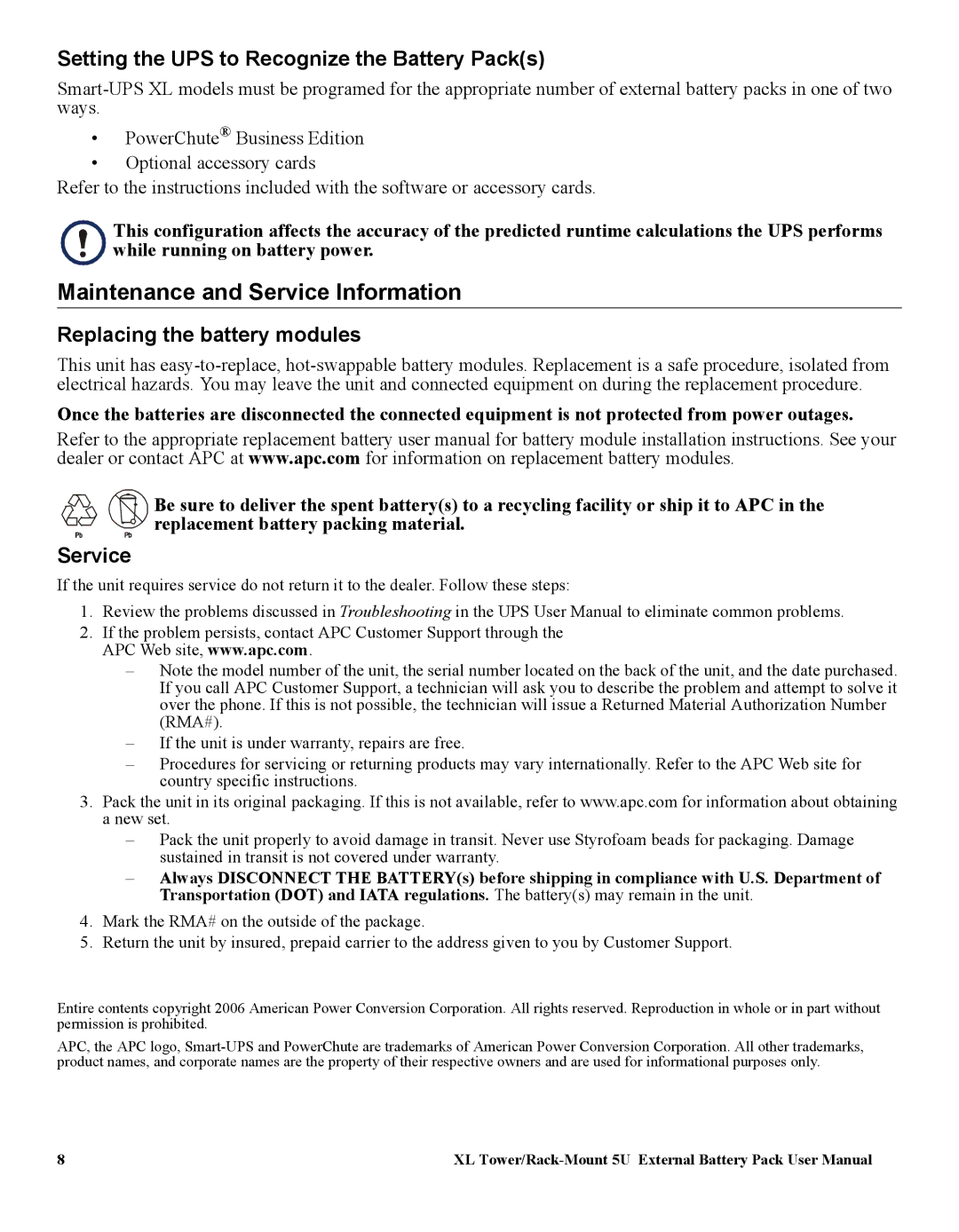 APC SUA48XLBP user manual Maintenance and Service Information, Setting the UPS to Recognize the Battery Packs 