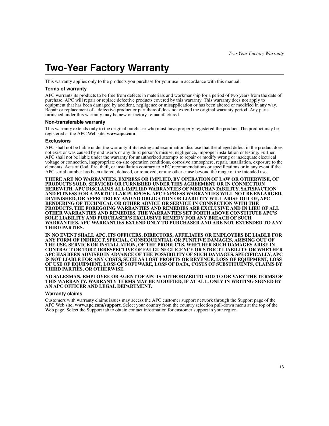 APC SUA500PDR manual Two-Year Factory Warranty 