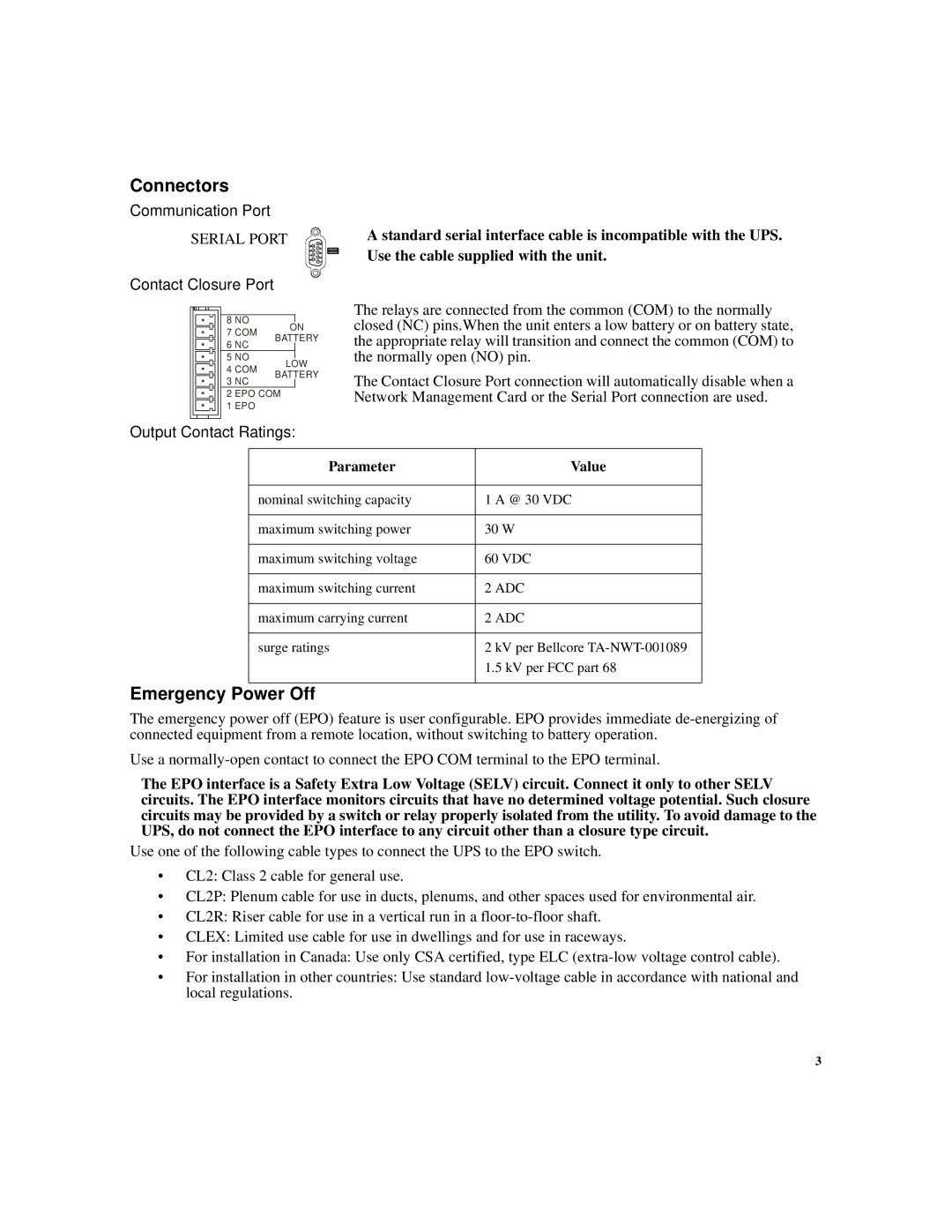 APC SUA500PDR manual Connectors, Emergency Power Off, Parameter Value 