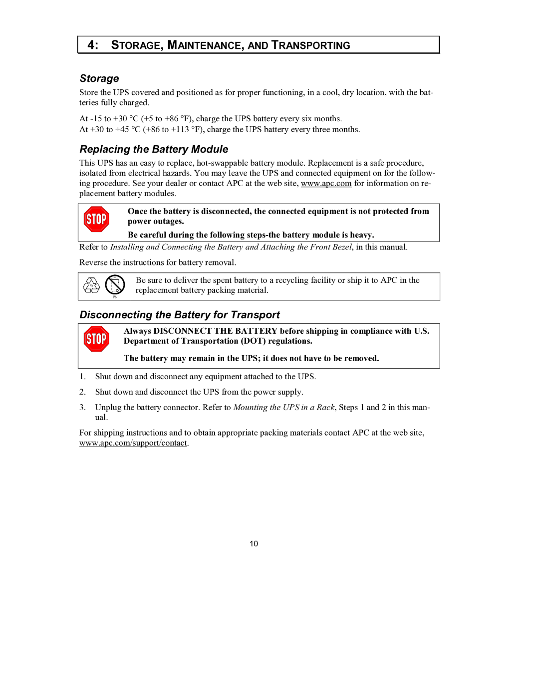 APC SUA750RM1U, SUA1000US user manual Storage, Replacing the Battery Module, Disconnecting the Battery for Transport 