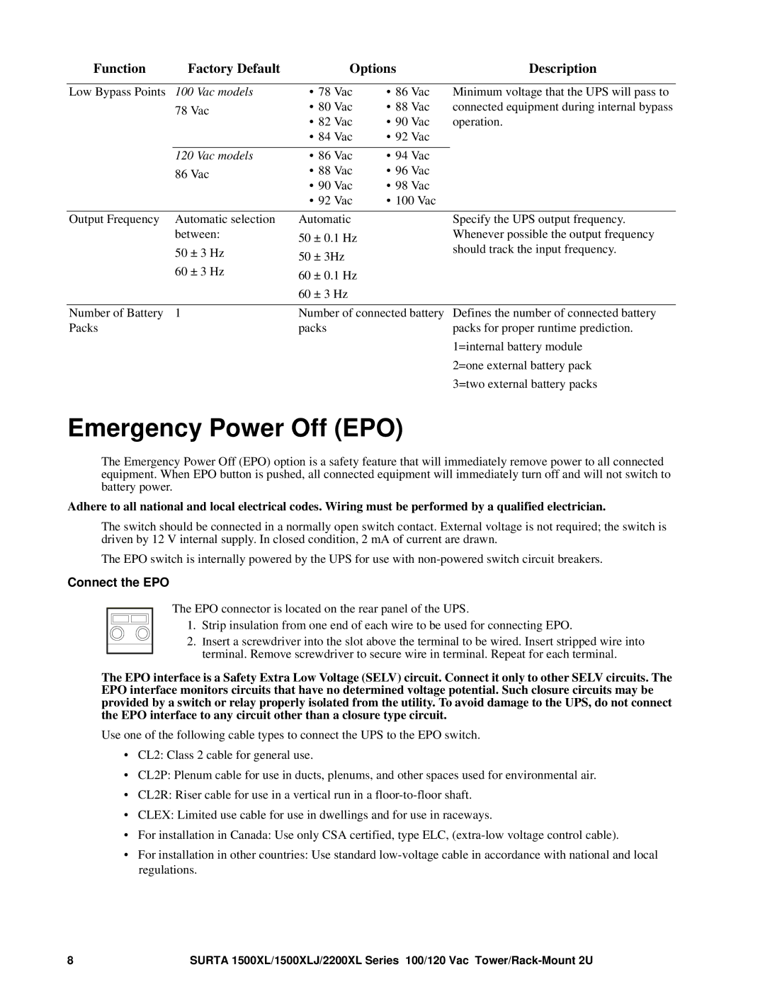 APC 1500XLJ, SURTA2200RMXL2U, 1500RMXL2U, 2200XL manual Emergency Power Off EPO, Connect the EPO 