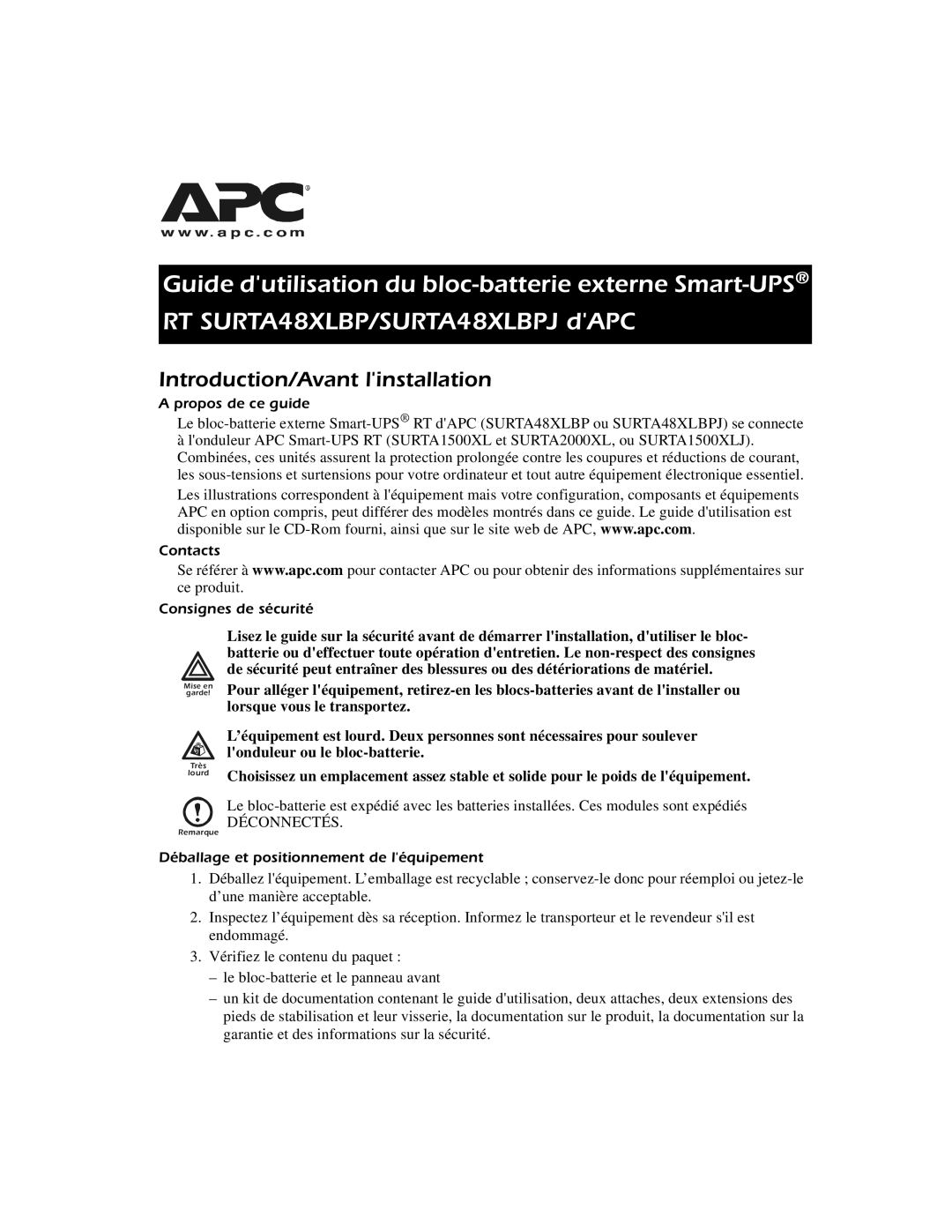 APC SURTA48XLBP manual Introduction/Avant linstallation, Déconnectés 