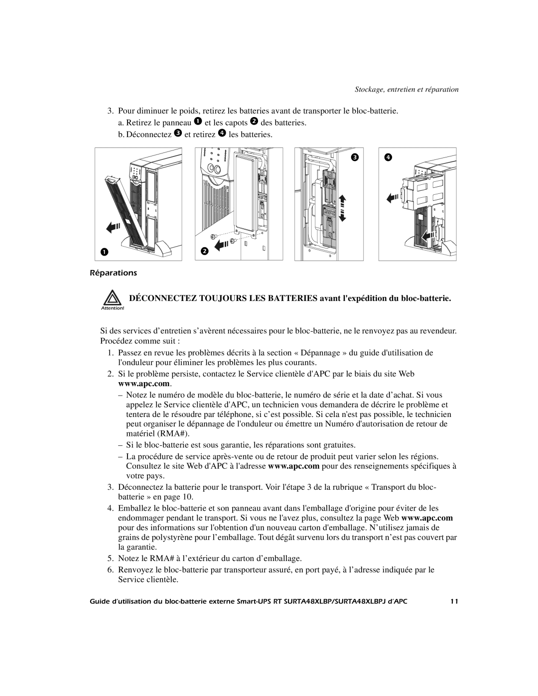 APC SURTA48XLBP manual Du bloc-batterie 