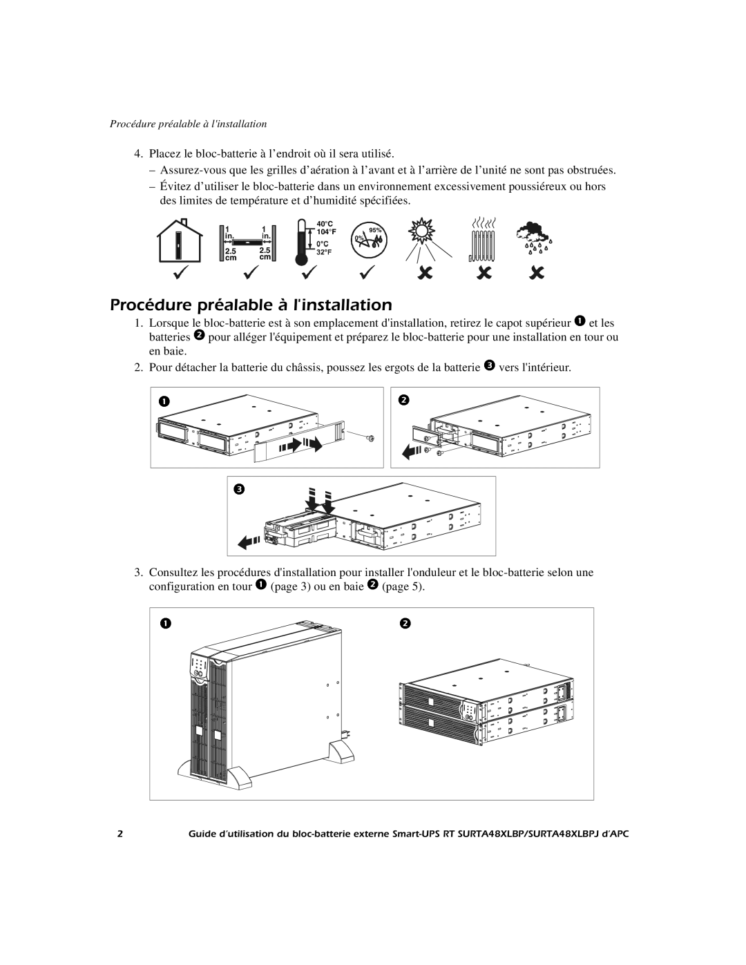 APC SURTA48XLBP manual Procédure préalable à linstallation, ou en baie 