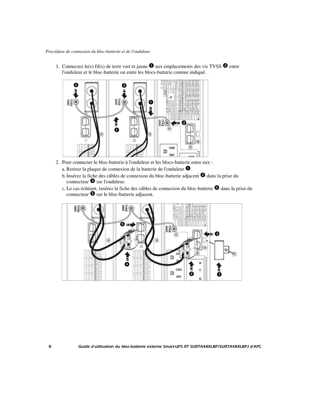 APC SURTA48XLBP manual Connecteur Sur le bloc-batterie adjacent 