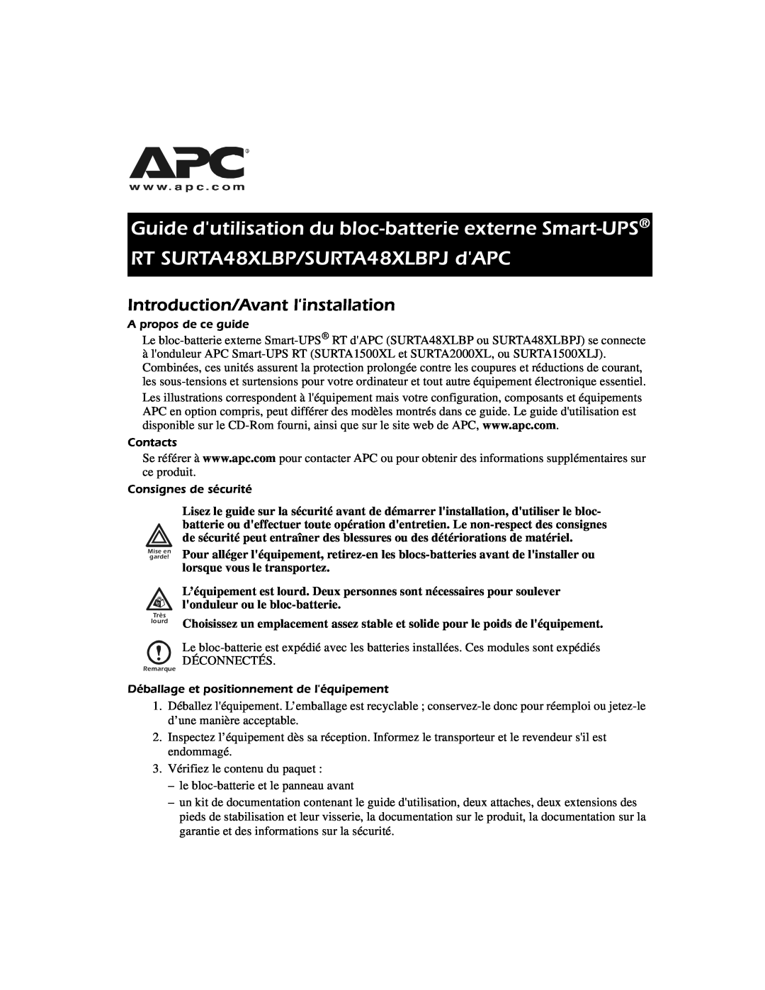 APC SURTA48XLBP manual Introduction/Avant linstallation, Guide dutilisation du bloc-batterie externe Smart-UPS 