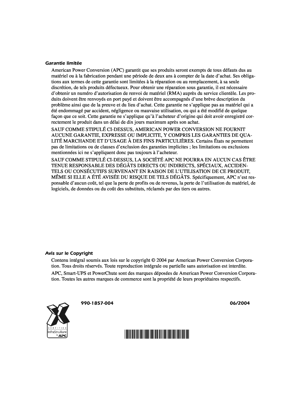 APC SURTA48XLBP manual 990-1857-004, Garantie limitée, Avis sur le Copyright, 06/2004 