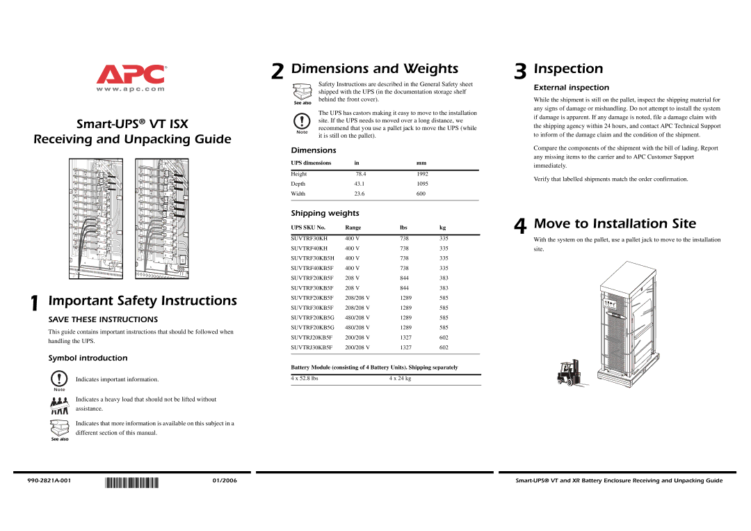 APC SUVTRF30KH important safety instructions Dimensions and Weights, Inspection, Move to Installation Site 