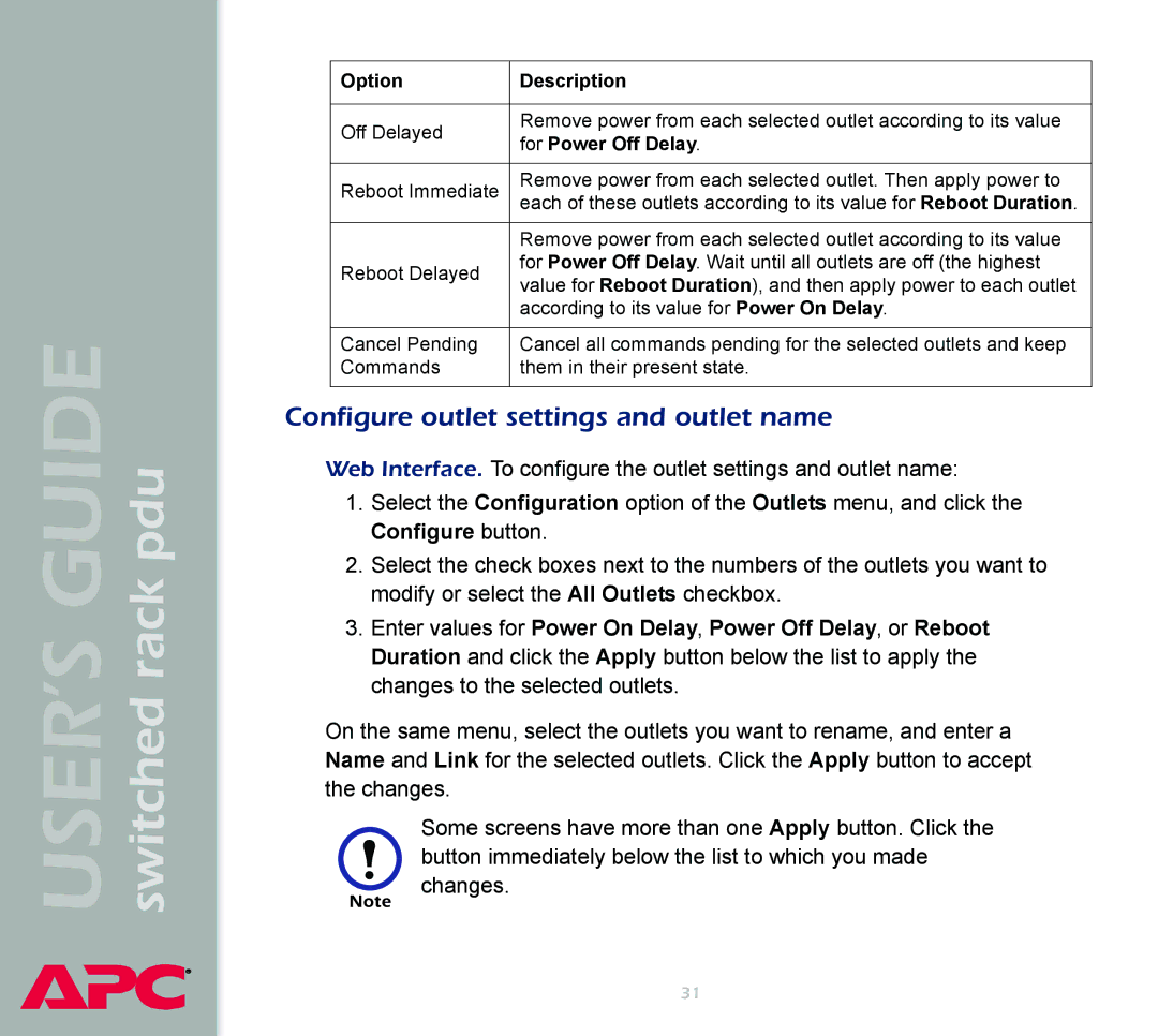 APC Switched Rack Power Distribution Unit (PDU) manual Configure outlet settings and outlet name, For Power Off Delay 