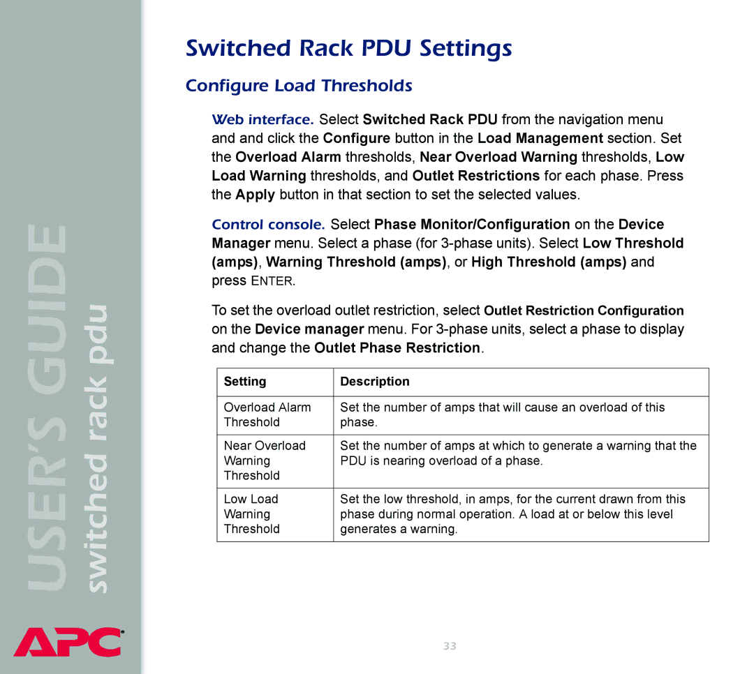 APC Switched Rack Power Distribution Unit (PDU) manual Switched Rack PDU Settings, Configure Load Thresholds 