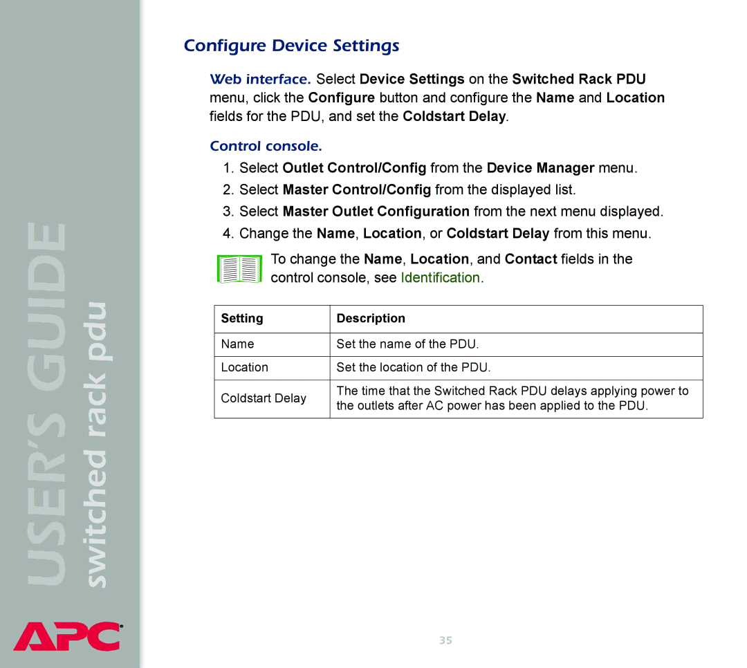 APC Switched Rack Power Distribution Unit (PDU) manual Configure Device Settings, Control console 