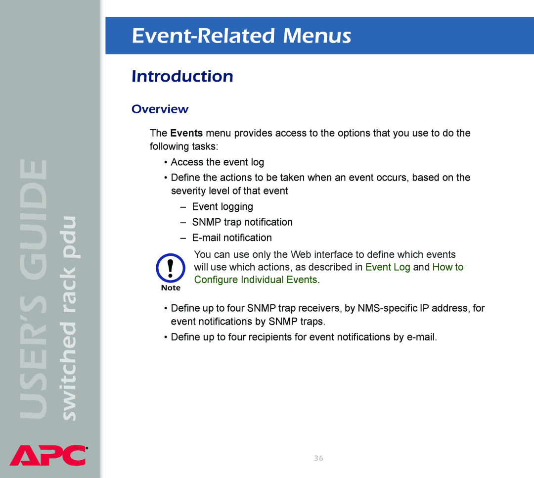 APC Switched Rack Power Distribution Unit (PDU) manual Event-Related Menus, Introduction 