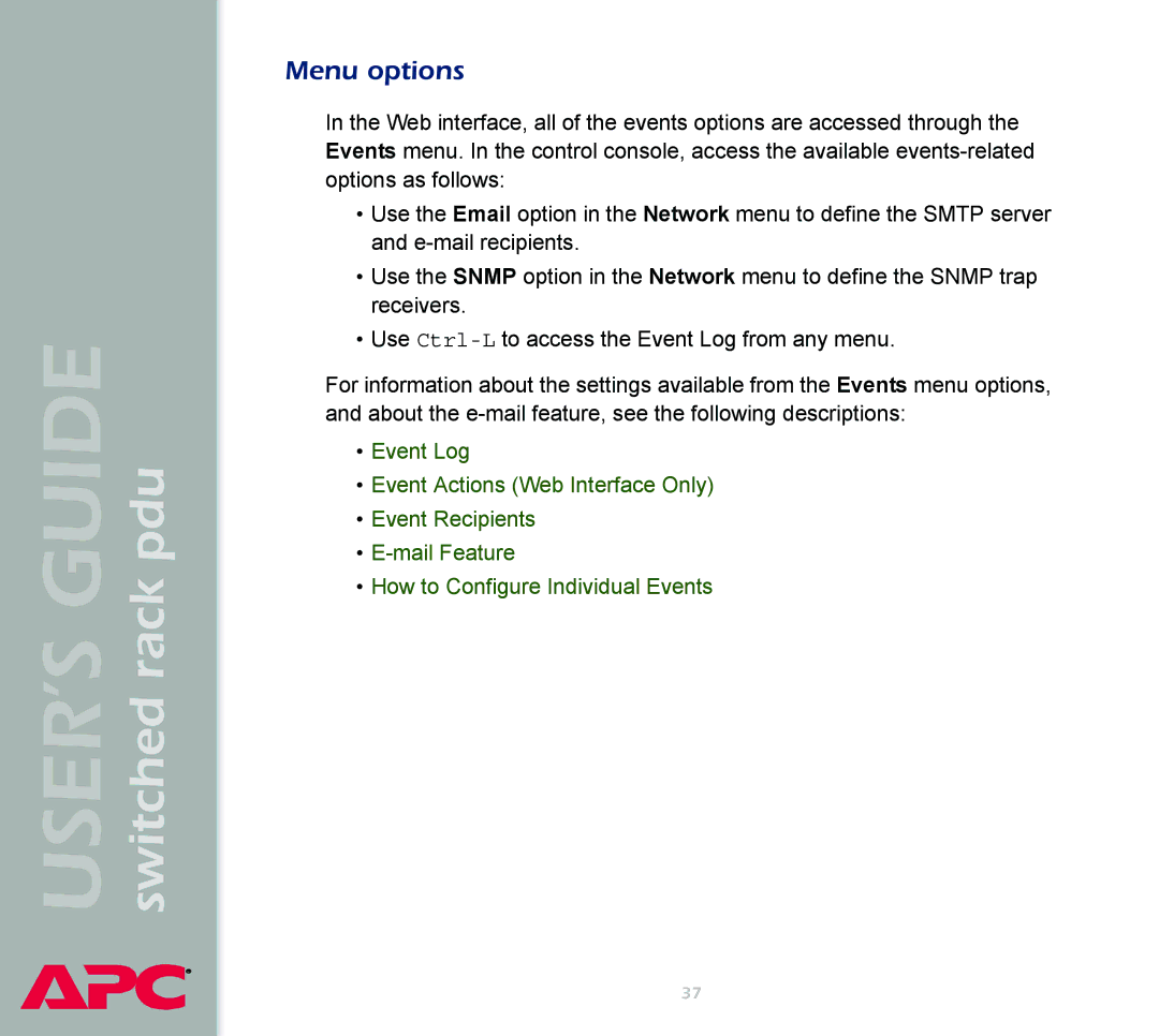 APC Switched Rack Power Distribution Unit (PDU) manual Menu options 