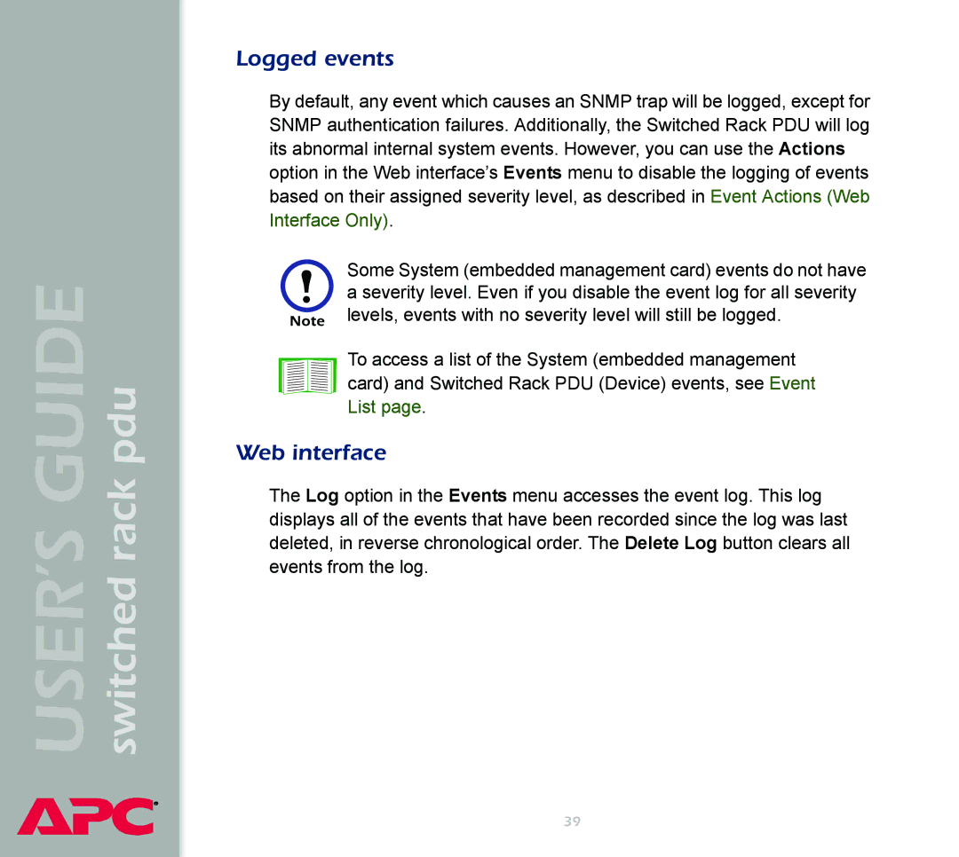 APC Switched Rack Power Distribution Unit (PDU) manual Logged events, Web interface 