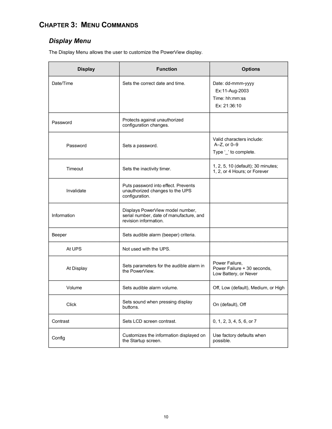 APC SYBATT manual Display Menu, Display Function Options 