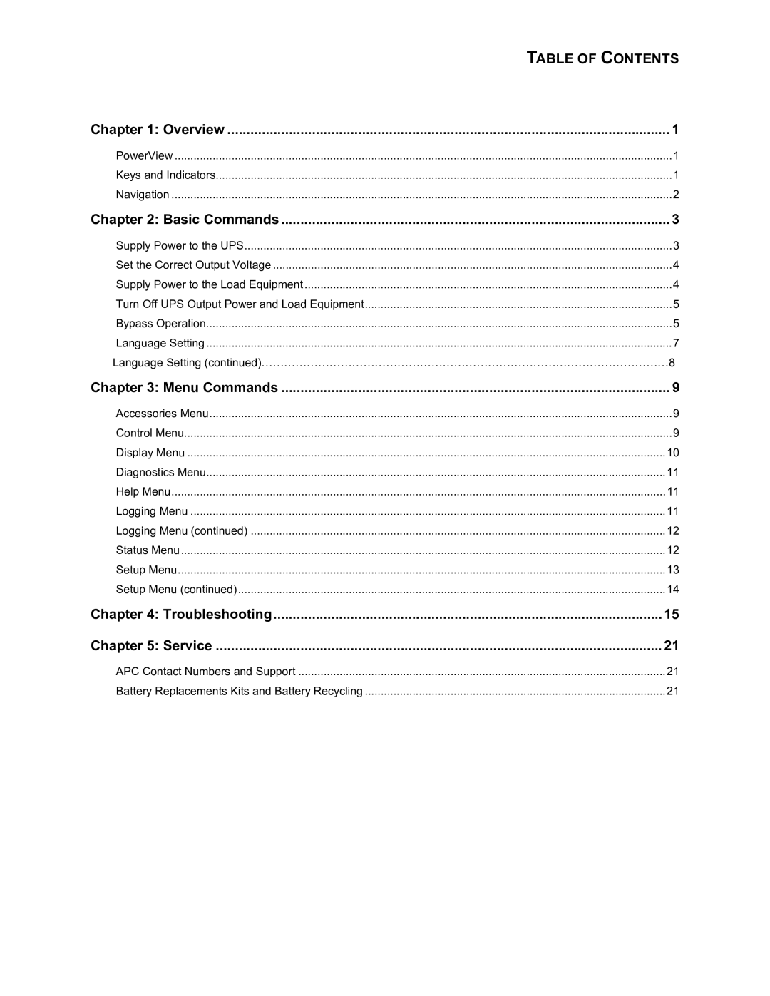 APC SYBATT manual Table of Contents 